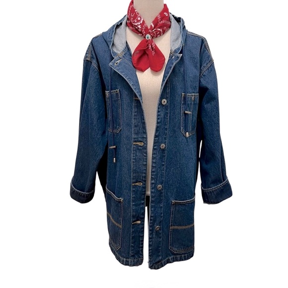 Denim Medium Wash Long Line Hooded Chore Jacket Coat Size 26/28 W - Picture 16 of 16